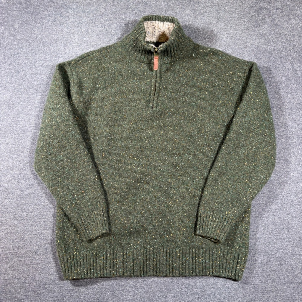 Aran Woollen Mills Sweater Mens Large Green Lambswool Blend Quarter Zip Donegal